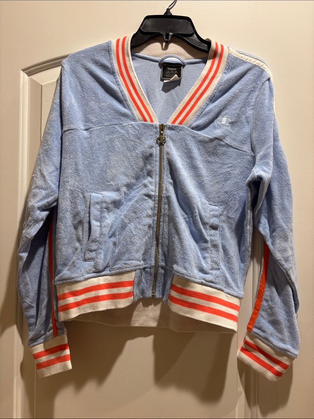 Champion Light Blue Terry Zip Jacket with Coral-Striped Trim Medium
